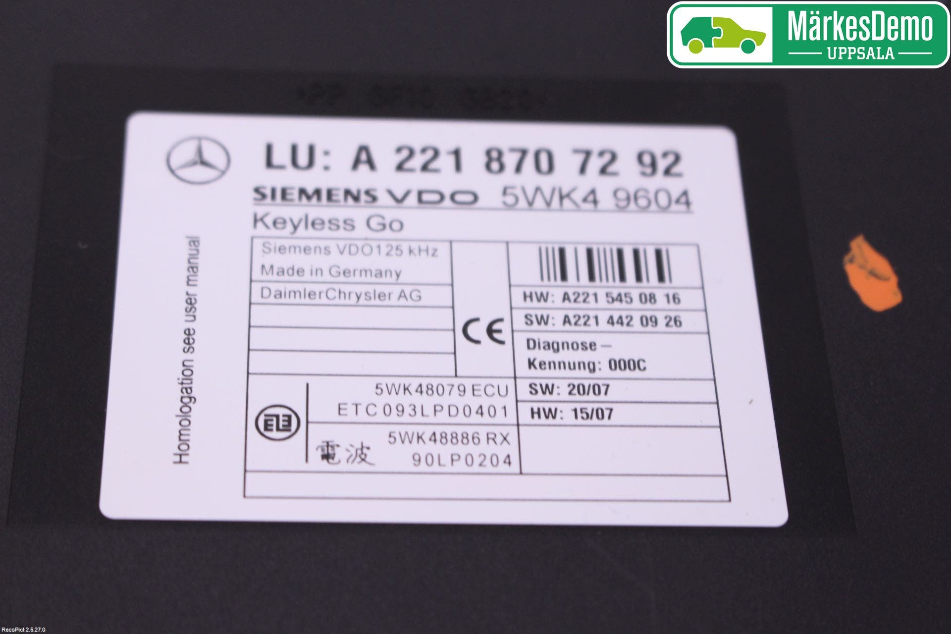 Mercedes-Benz MB S-KLASS (W221) 05-13 Styrenhet Nyckellöst System