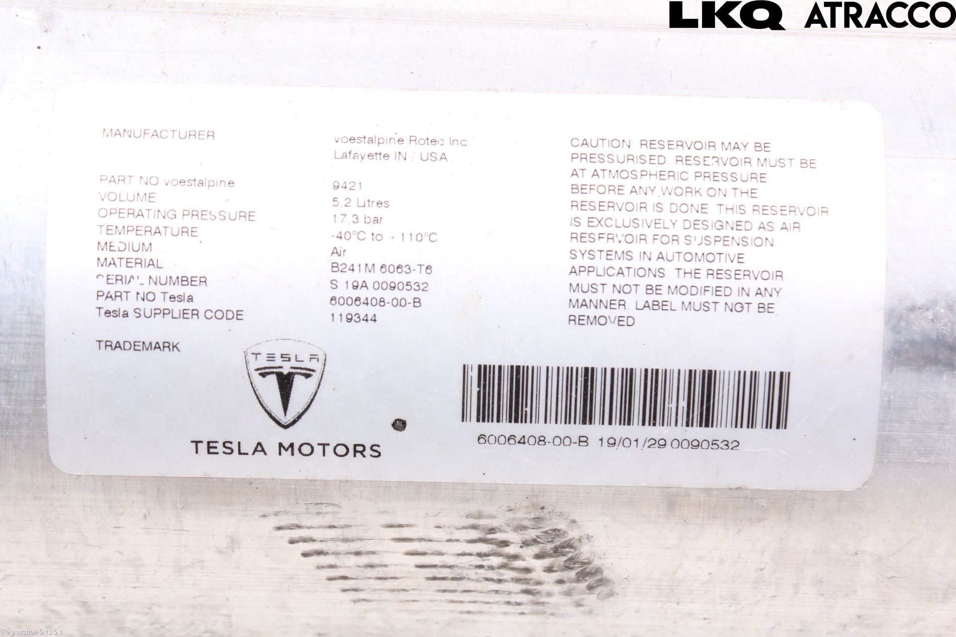 Tesla MODEL S 13- Nivå/Luftförändring Trycktank
