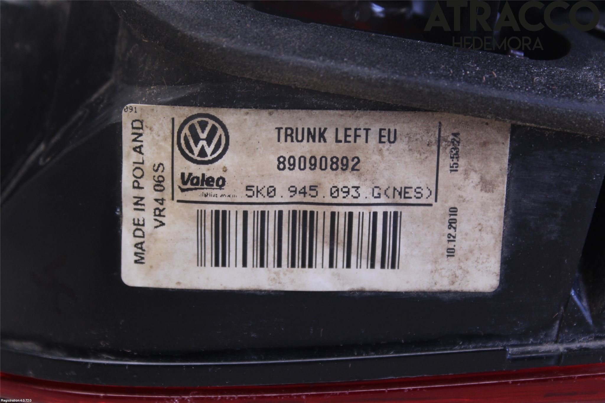 Volkswagen VW GOLF VI 09-13 Bakljus Lucka Vä