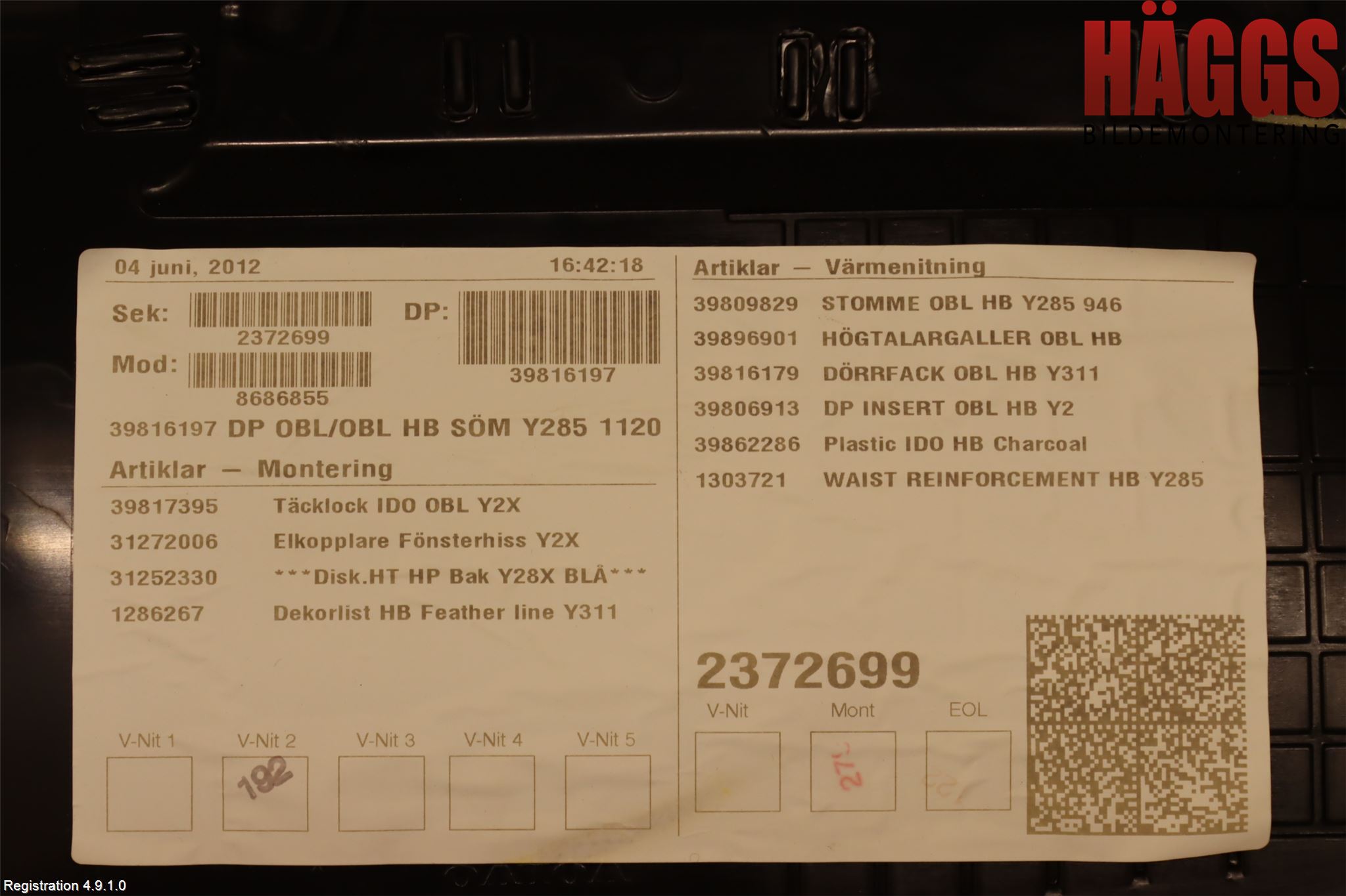 Volvo V70 08-13 Dörrklädsel Hö