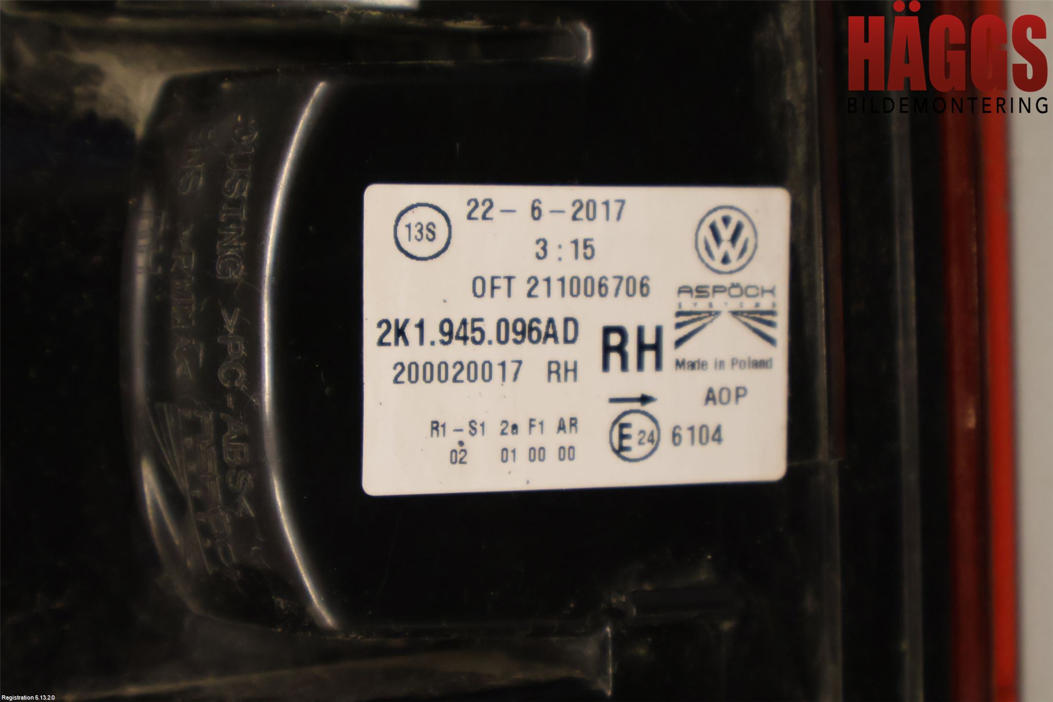 Volkswagen VW CADDY 16-20 Bakljus Höger