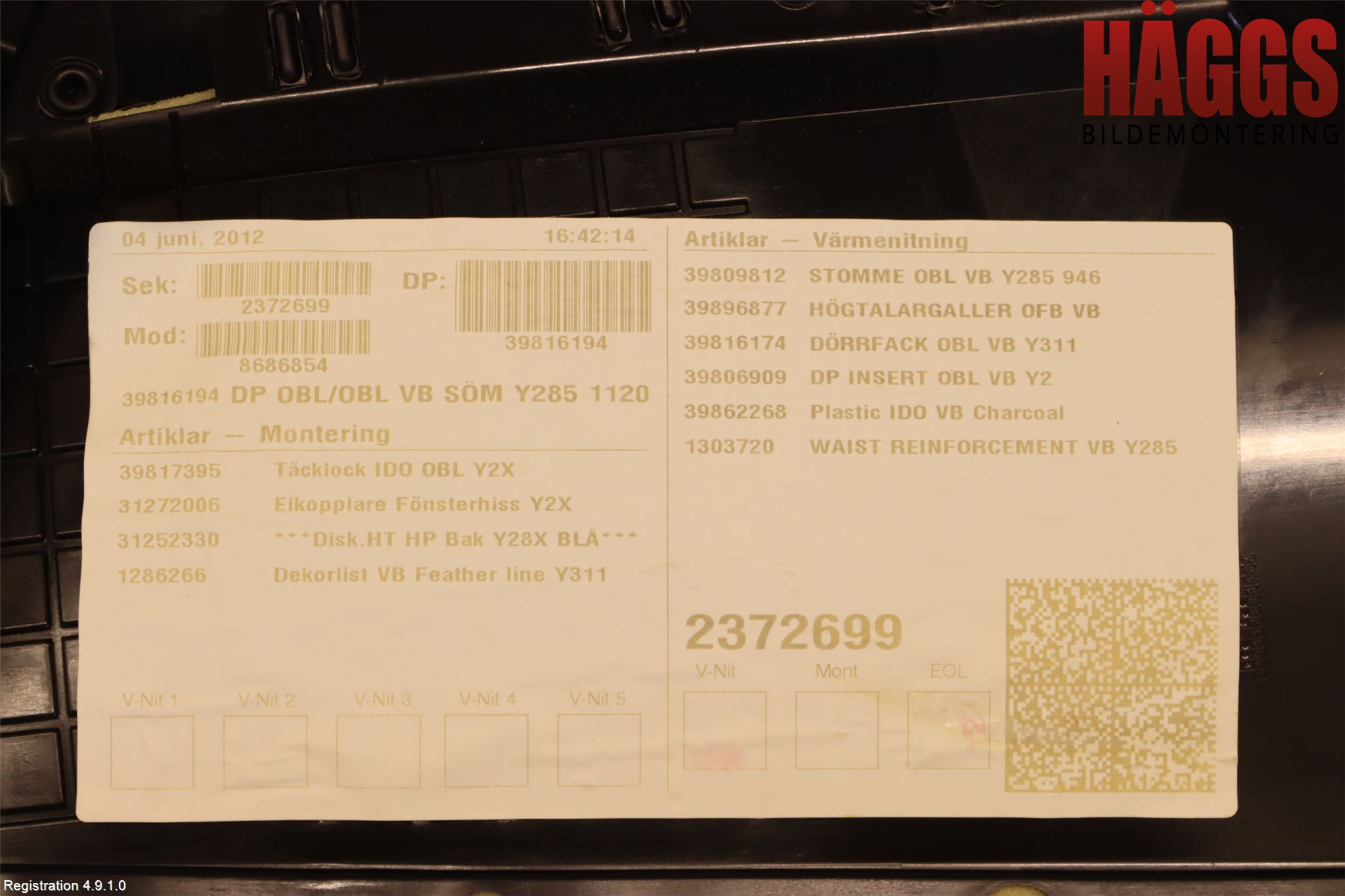 Volvo V70 08-13 Dörrklädsel Vä