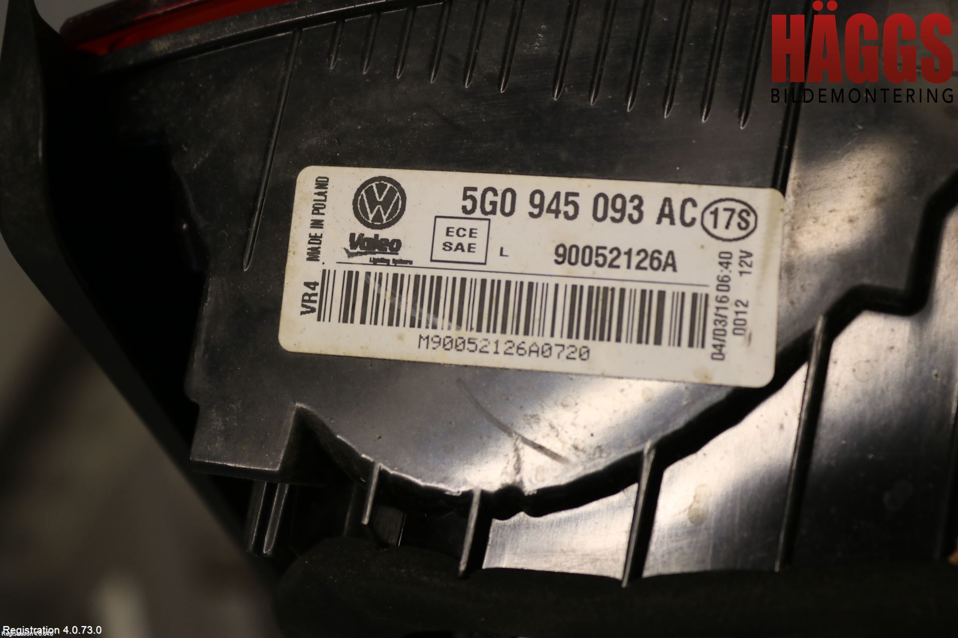 Volkswagen VW GOLF / E-GOLF VII 13-20 Bakljus Lucka Vä