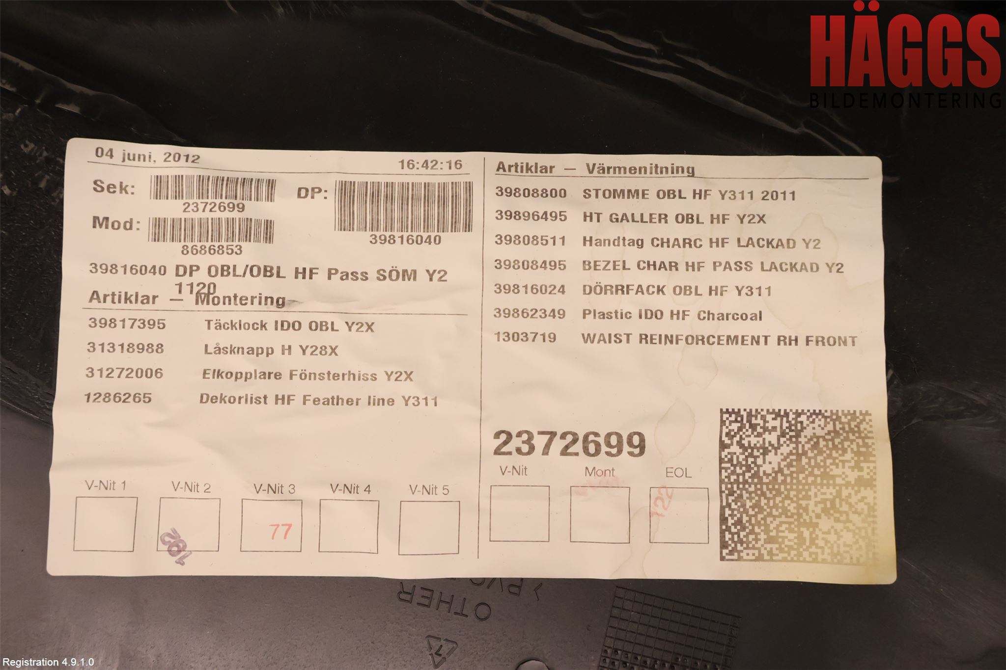 Volvo V70 08-13 Dörrklädsel Hö