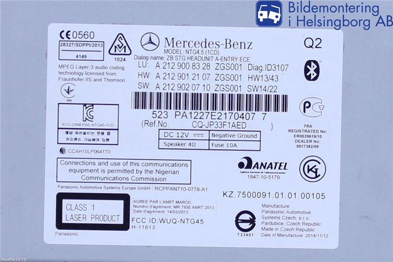 Mercedes-Benz MB E-KLASS (W212) 09-16 Cd Radio - Multimediapanel