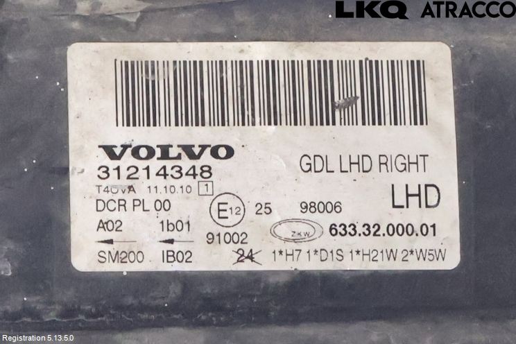 Volvo V70 08-13 Strålkastare Höger