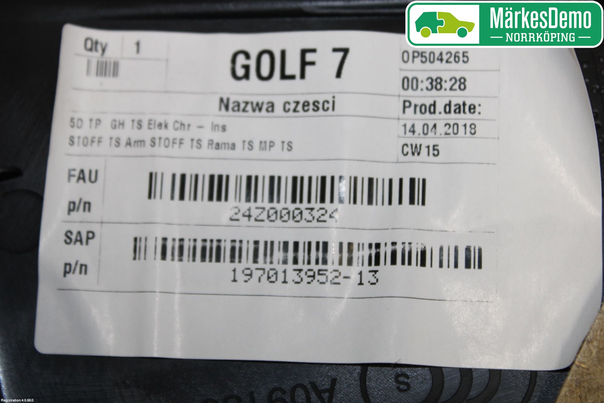 Volkswagen VW GOLF / E-GOLF VII 13-20 Dörrklädsel Hö