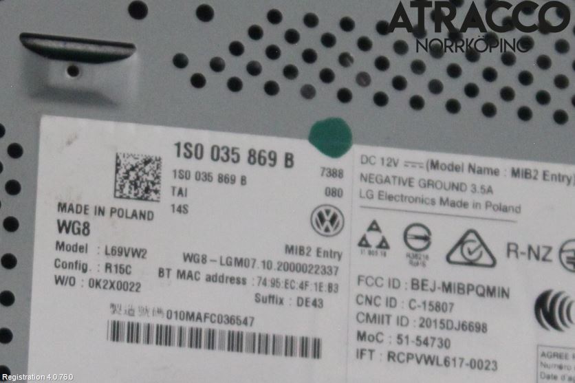 Volkswagen VW UP! / E-UP! Cd Radio - Multimediapanel