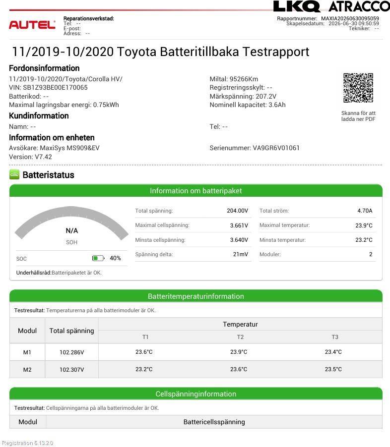Toyota COROLLA 19- Batteri Högspänning