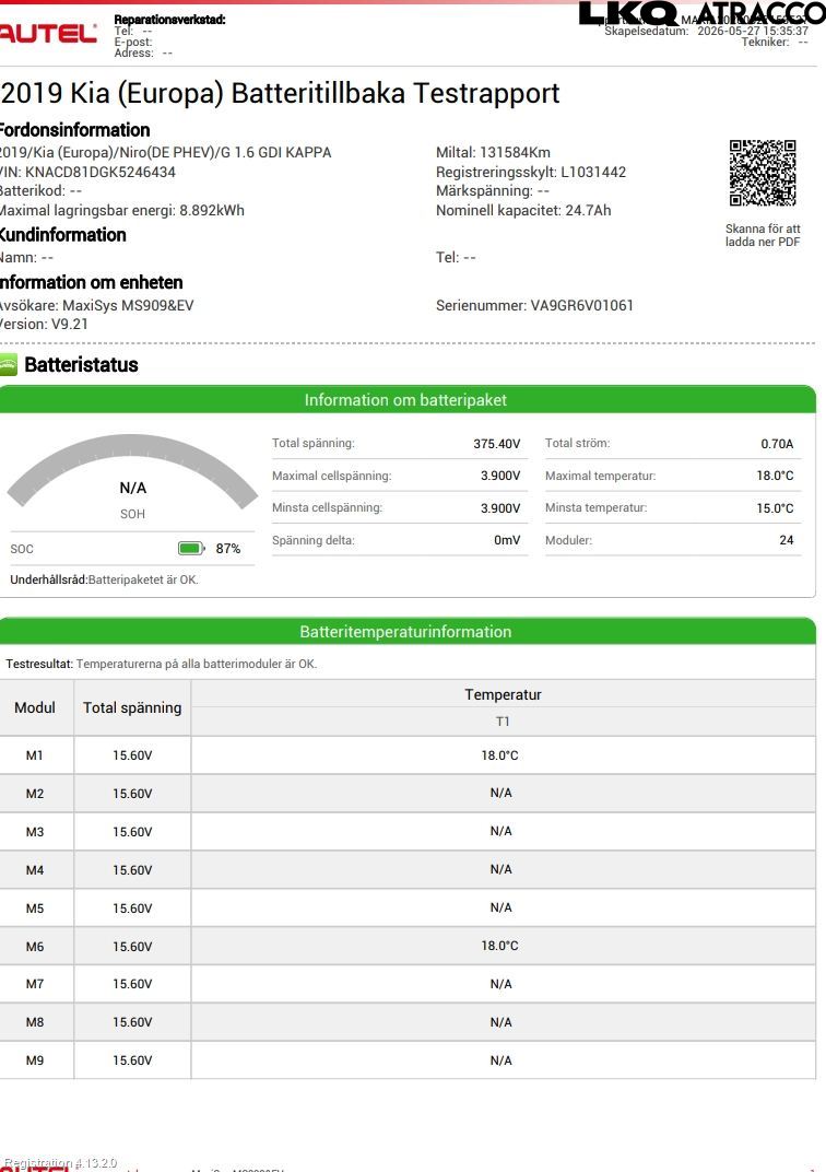 Kia NIRO (DE) 17-22 Batteri Högspänning