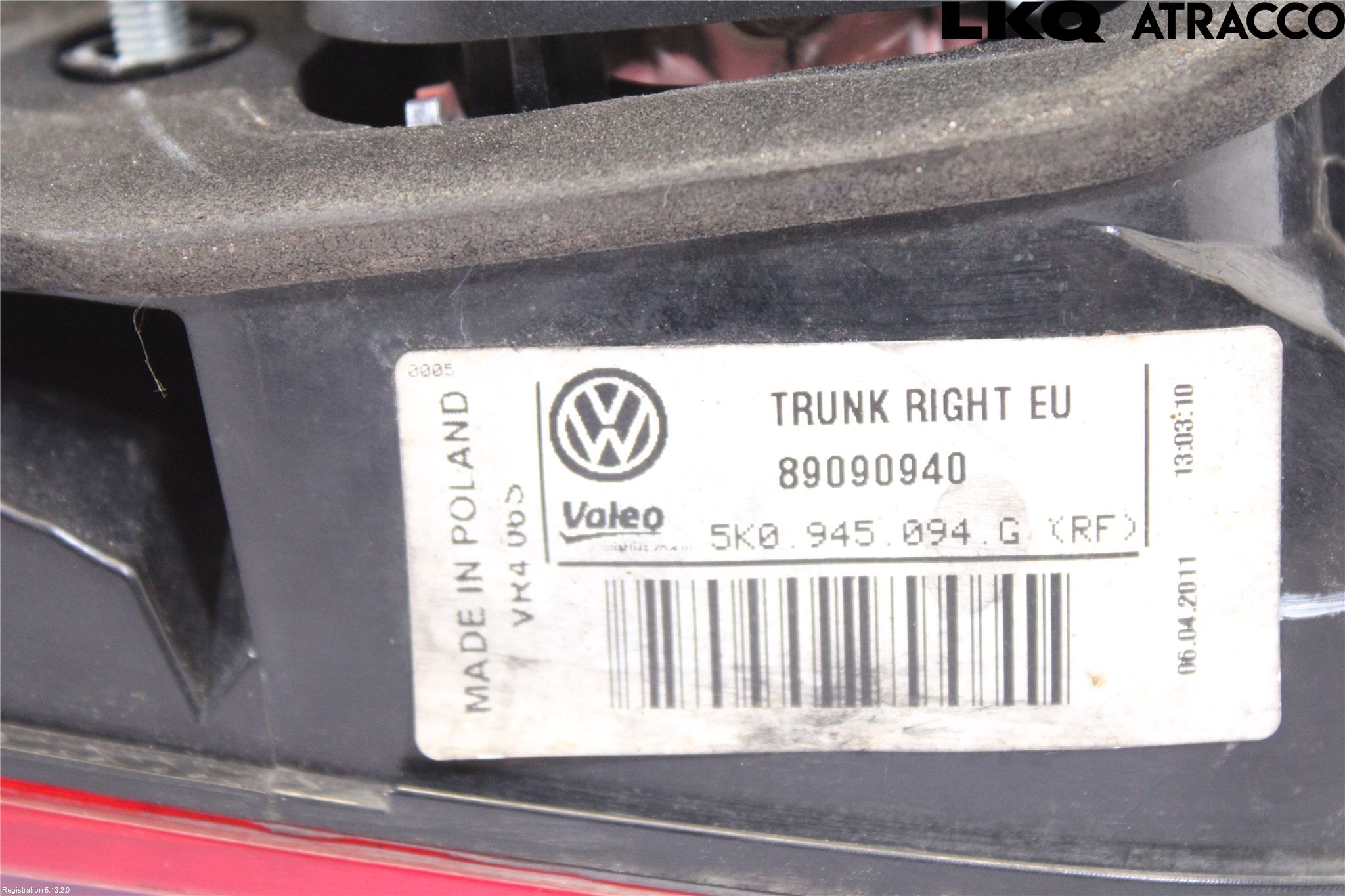 Volkswagen VW GOLF VI 09-13 Bakljus Lucka Vä