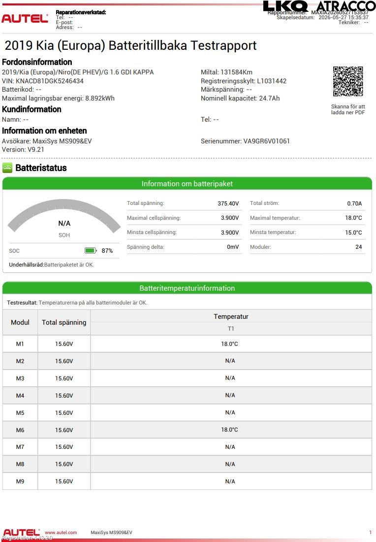 Kia NIRO (DE) 17-22 Batteri Högspänning