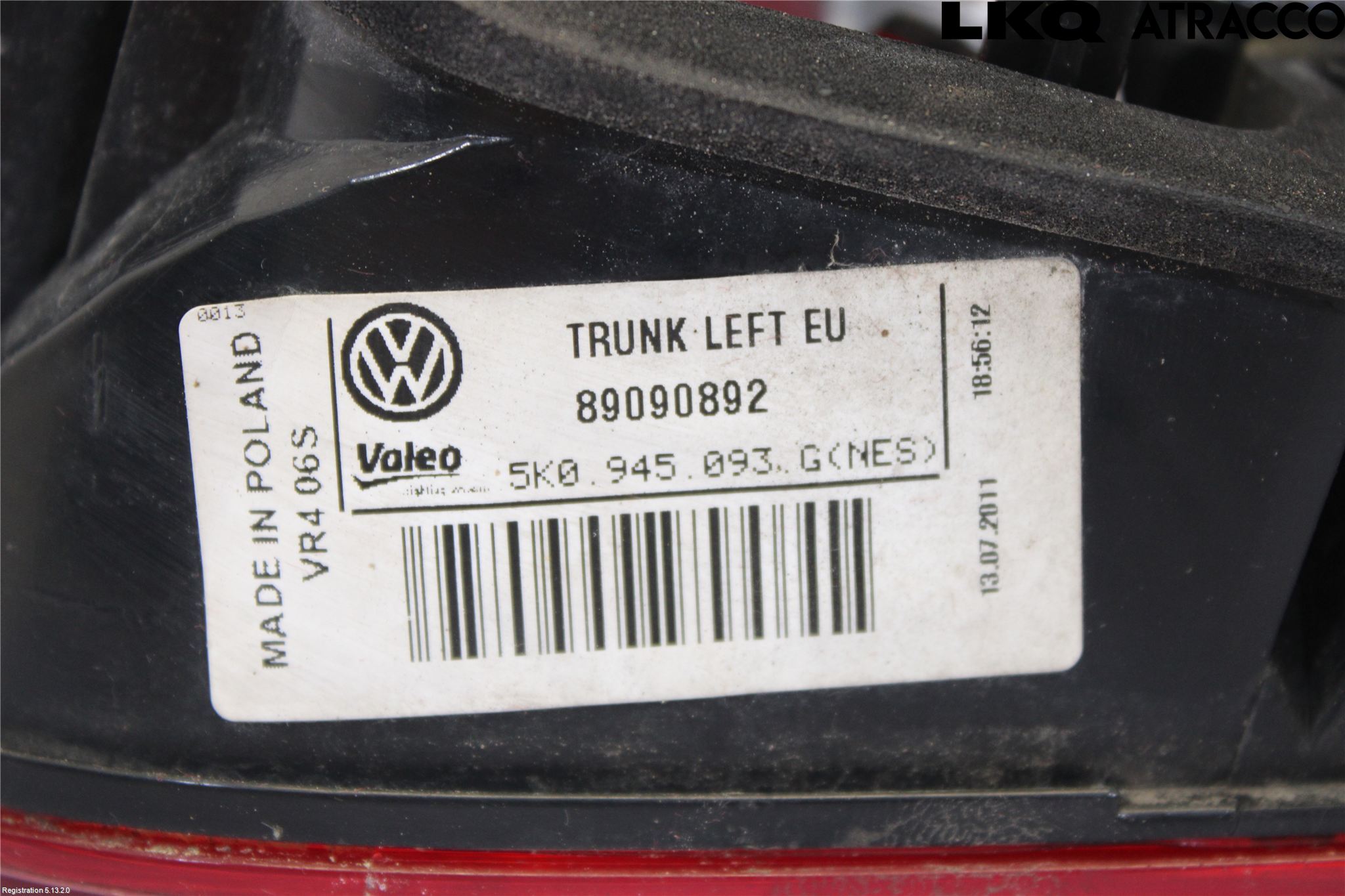 Volkswagen VW GOLF VI 09-13 Bakljus Lucka Vä