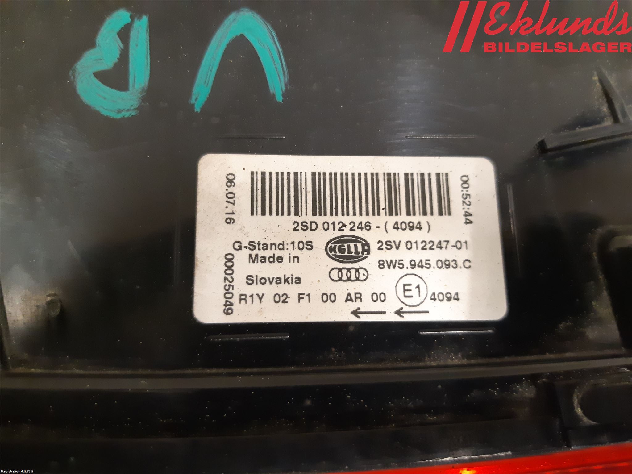 Audi A4/S4 B9 16-19 Bakljus Lucka Vä