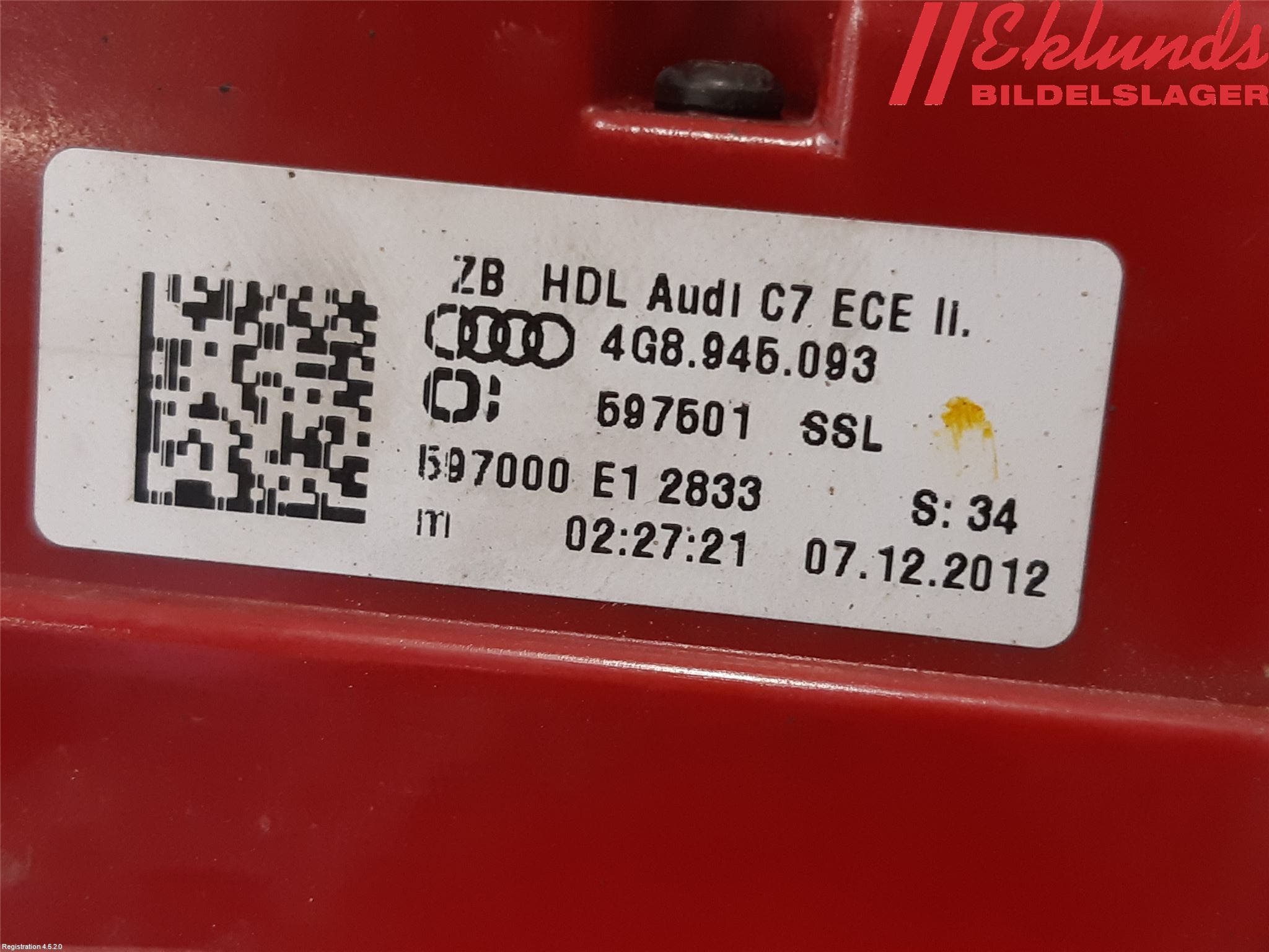 Audi A7/S7 4G 11-17 Bakljus Lucka Vä