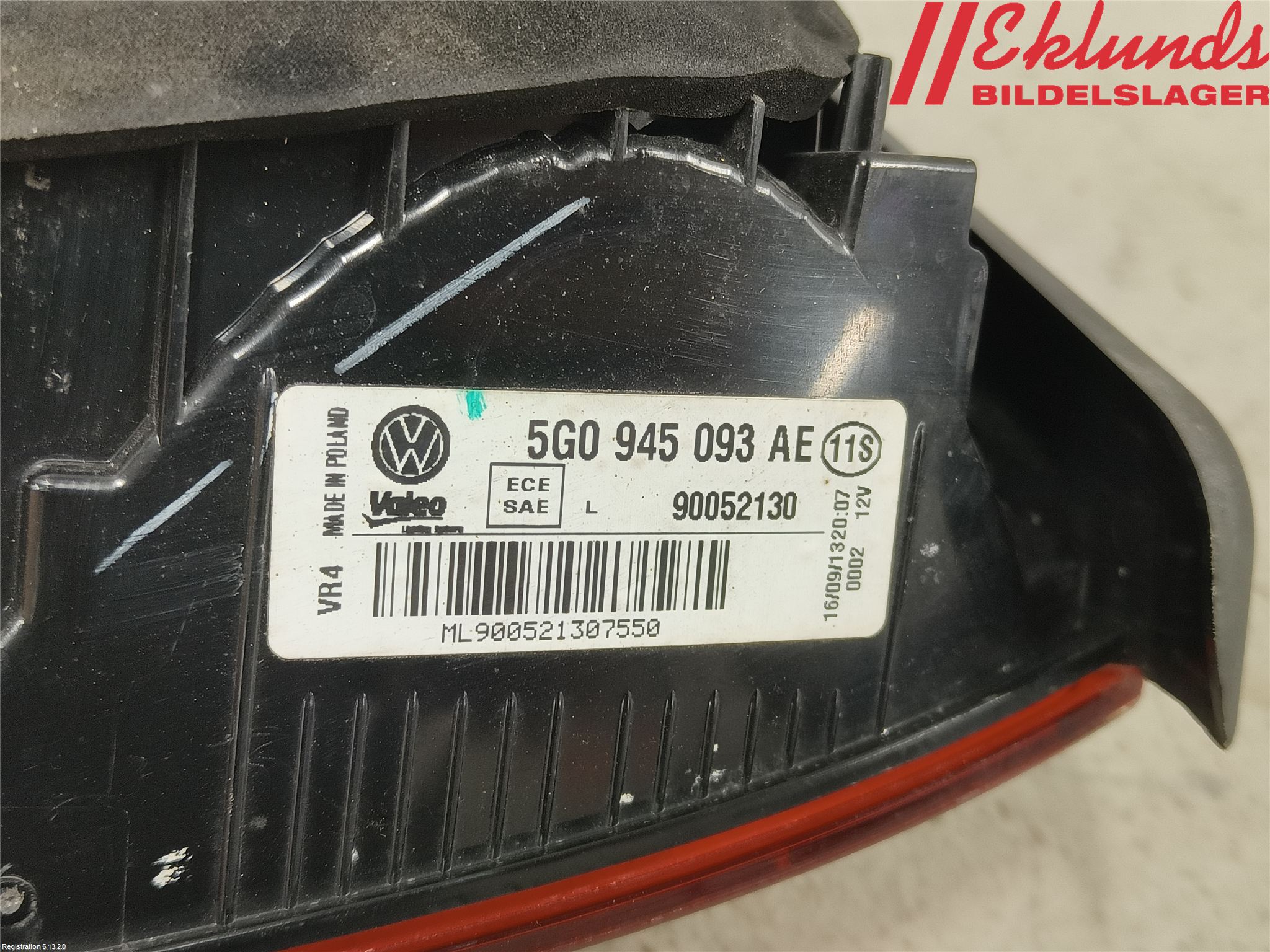 Volkswagen VW GOLF / E-GOLF VII 13-20 Bakljus Lucka Vä