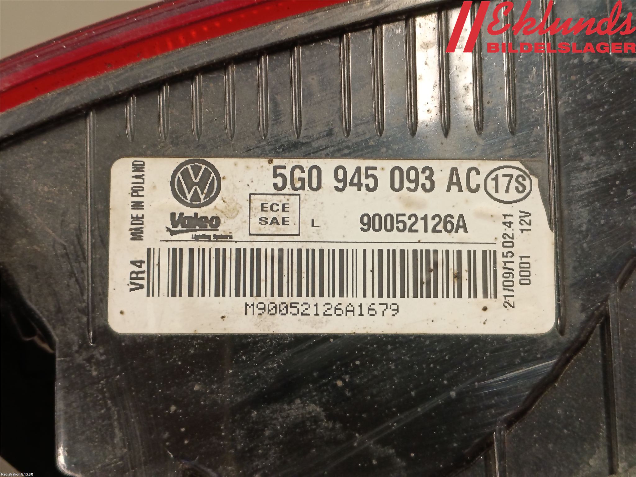 Volkswagen VW GOLF / E-GOLF VII 13-20 Bakljus Lucka Vä