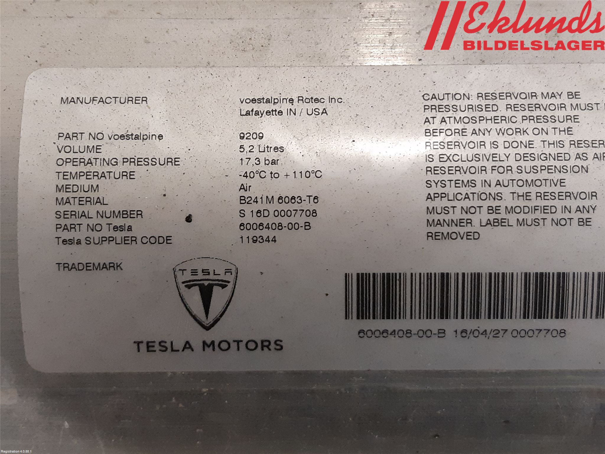 Tesla MODEL S 13- Nivå/Luftförändring Trycktank