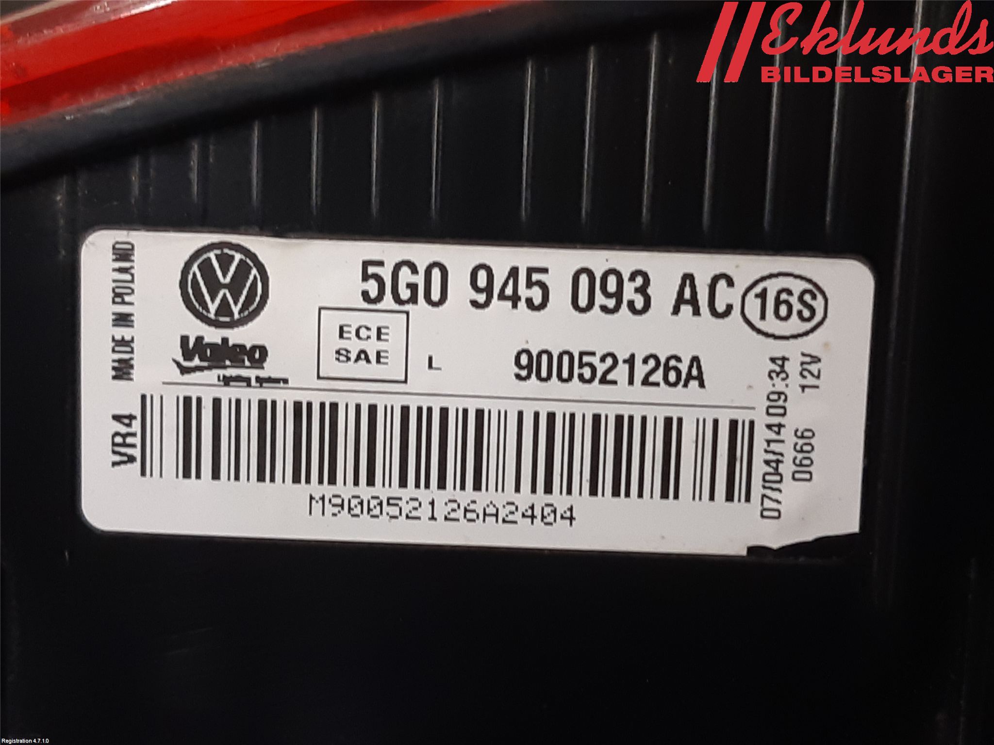 Volkswagen VW GOLF / E-GOLF VII 13-20 Bakljus Lucka Vä