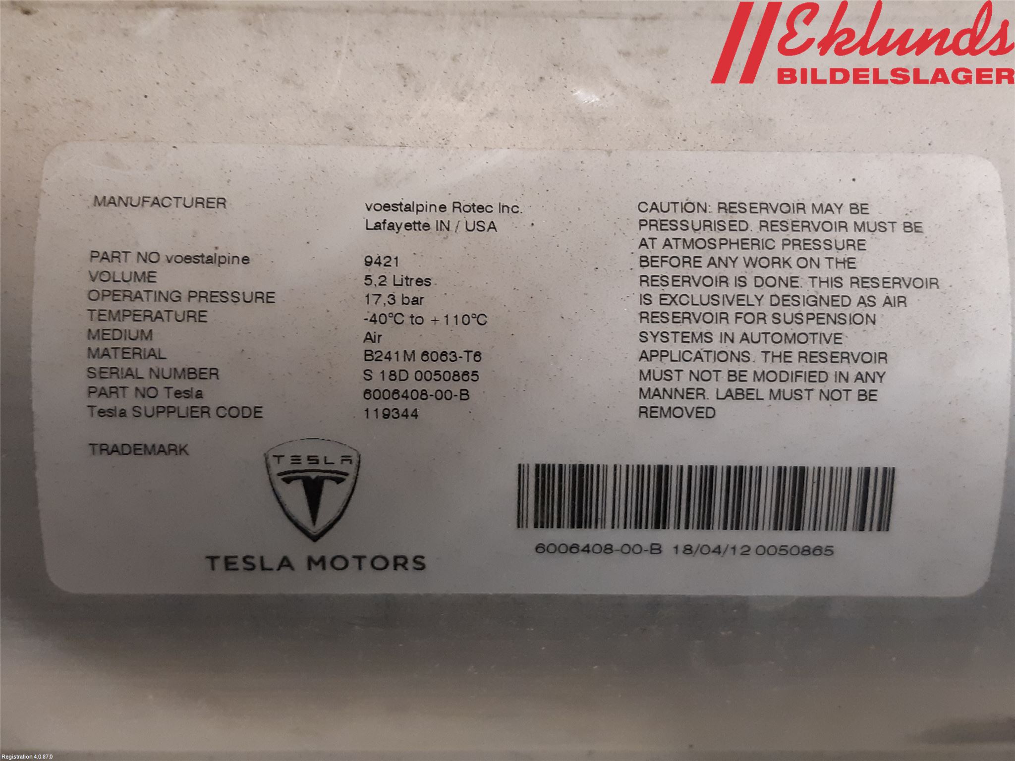 Tesla MODEL S 13- Nivå/Luftförändring Trycktank