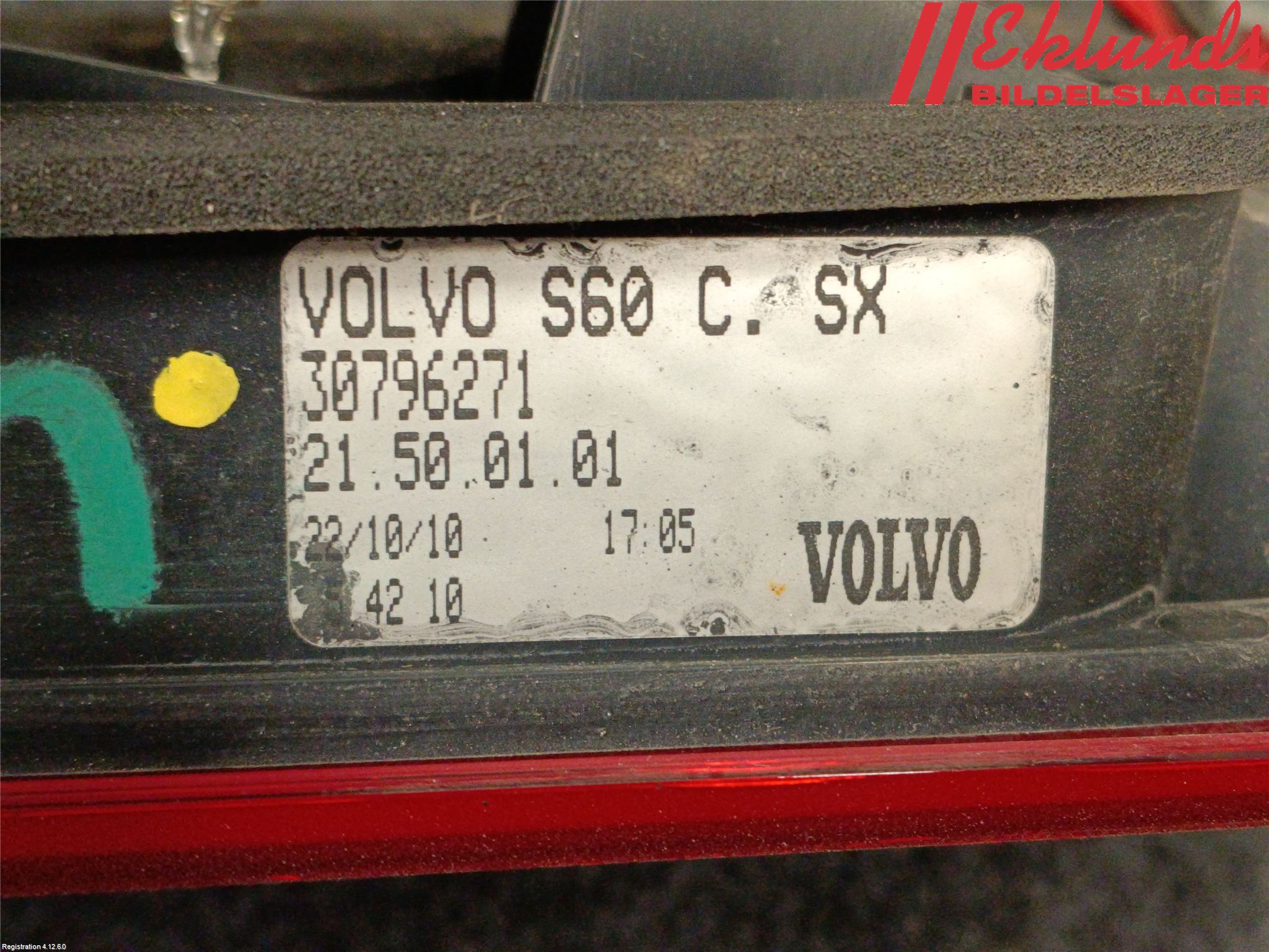 Volvo S60 11-13 Bakljus Lucka Vä