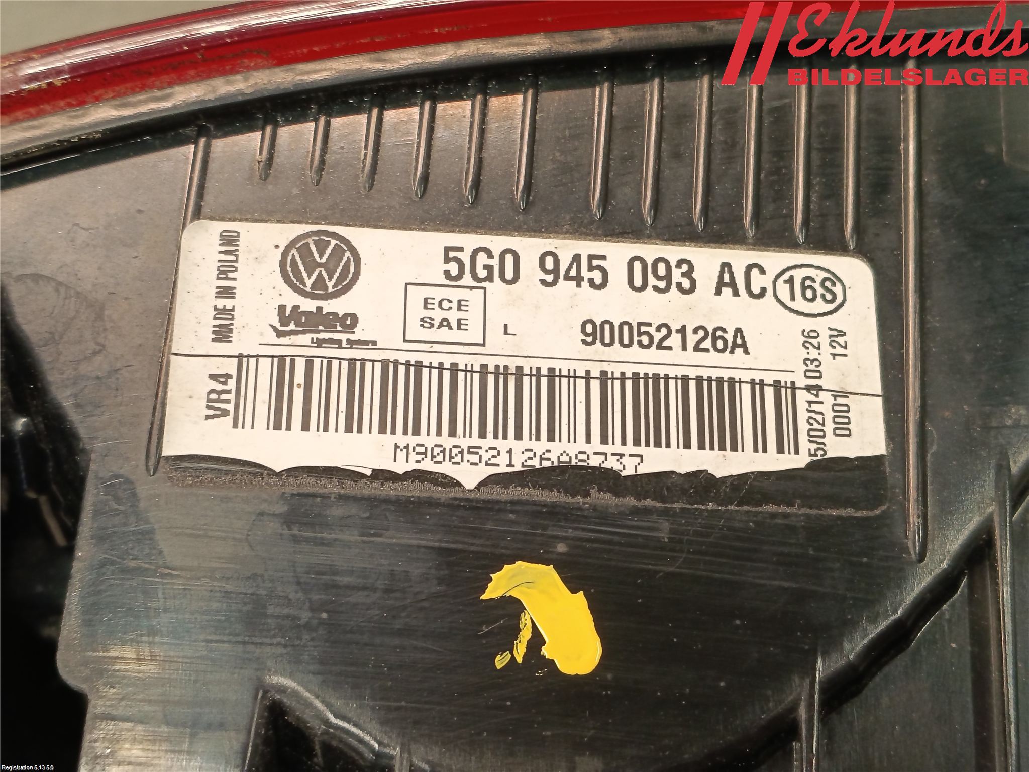 Volkswagen VW GOLF / E-GOLF VII 13-20 Bakljus Lucka Vä