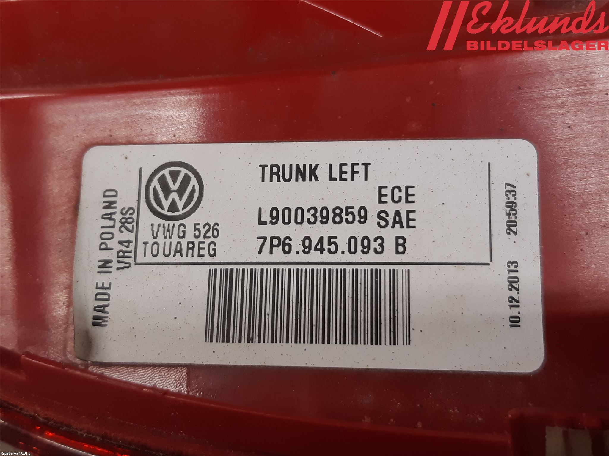 Volkswagen VW TOUAREG 7P 11-18 Bakljus Lucka Vä