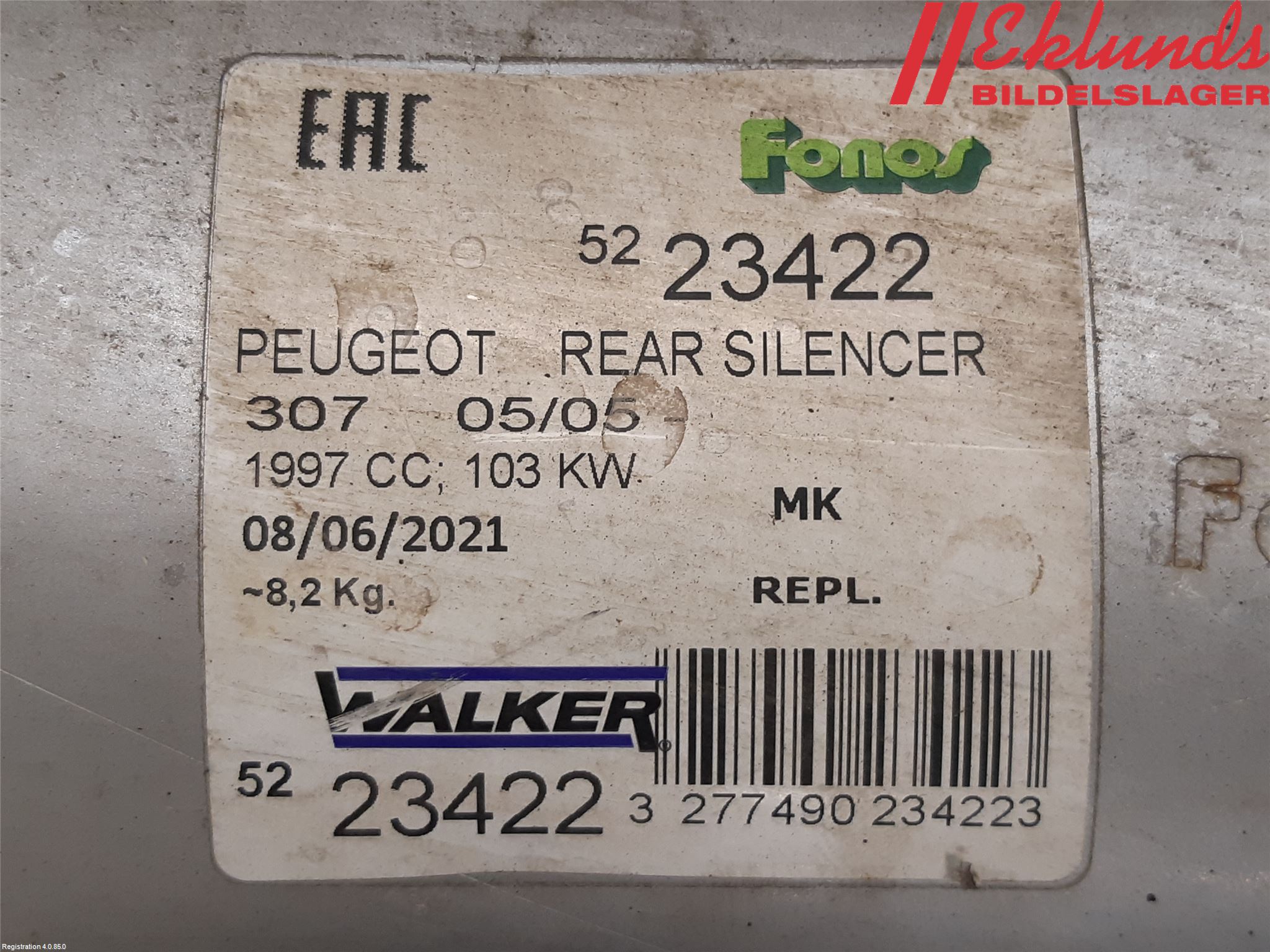 Peugeot 307     05-08 Avgas Bakre Dämpare
