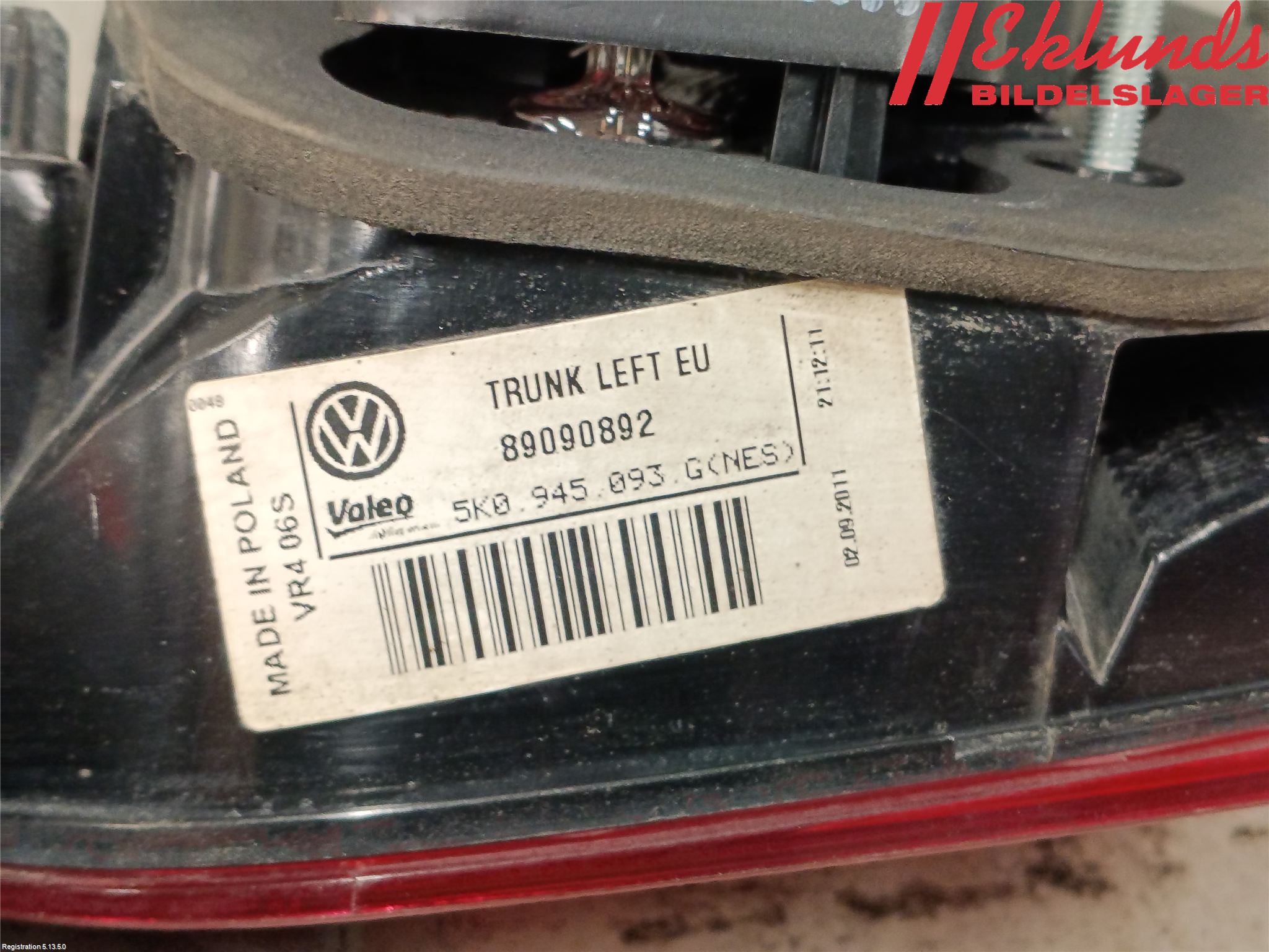 Volkswagen VW GOLF VI 09-13 Bakljus Lucka Vä