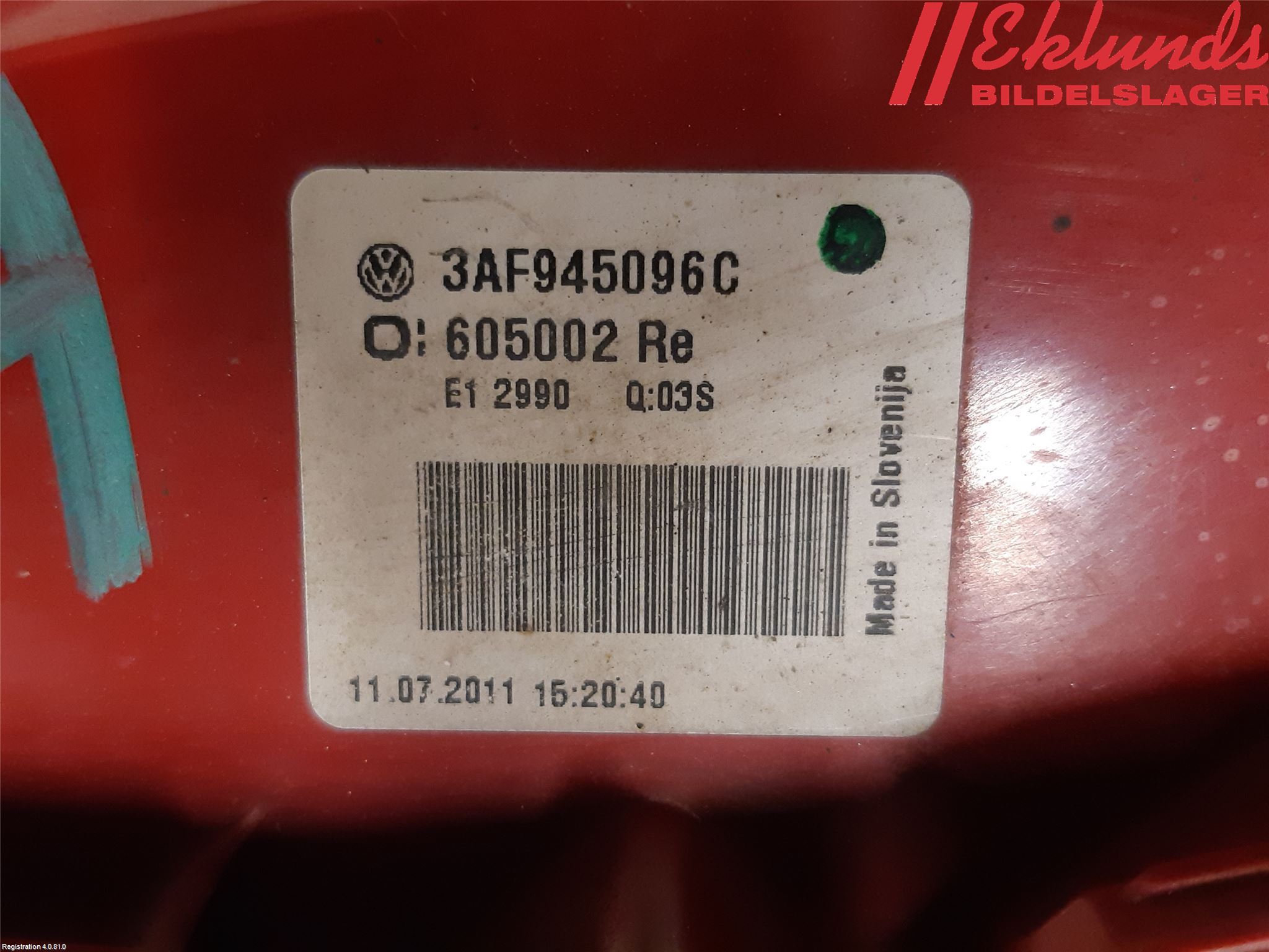 Volkswagen VW PASSAT 11-14 Bakljus Höger