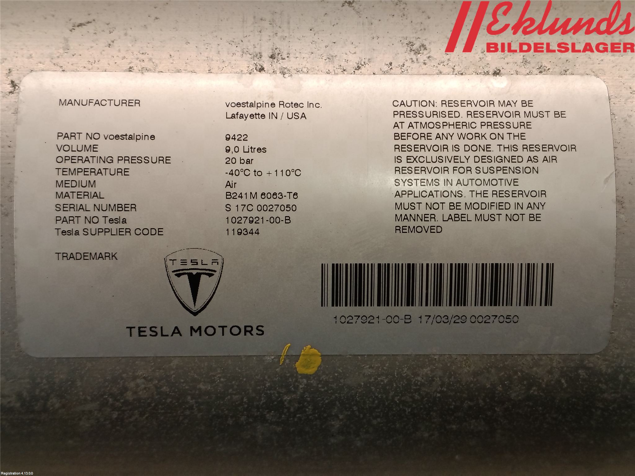 Tesla MODEL X 16- Nivå/Luftförändring Trycktank