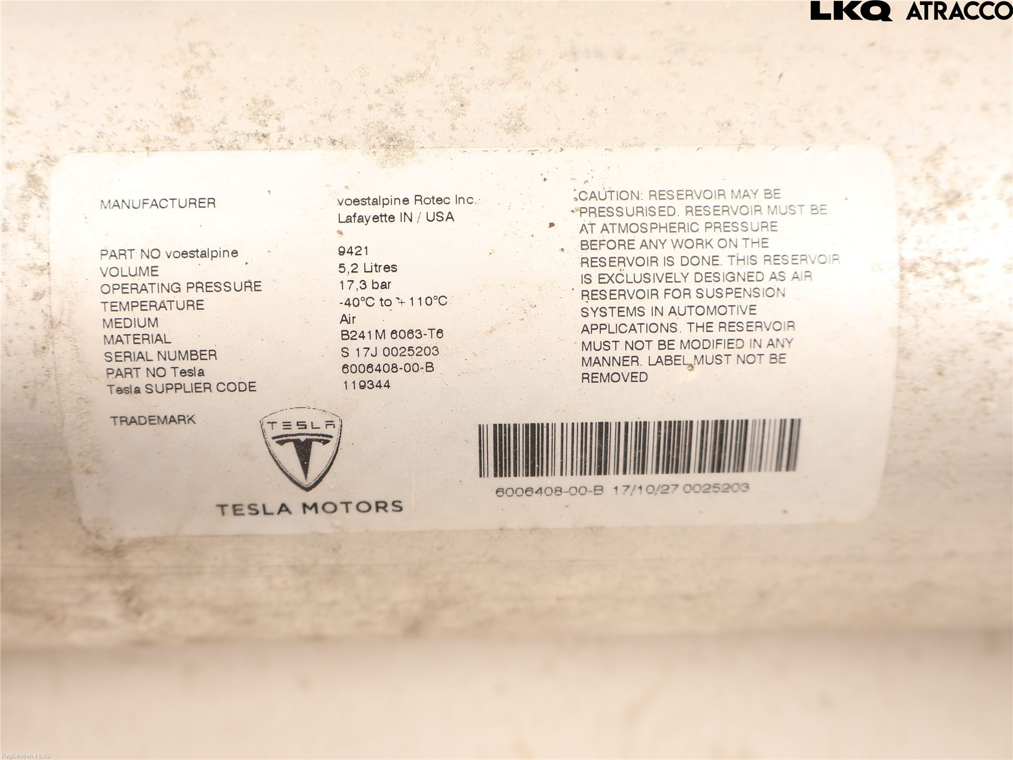 Tesla MODEL S 13- Nivå/Luftförändring Trycktank