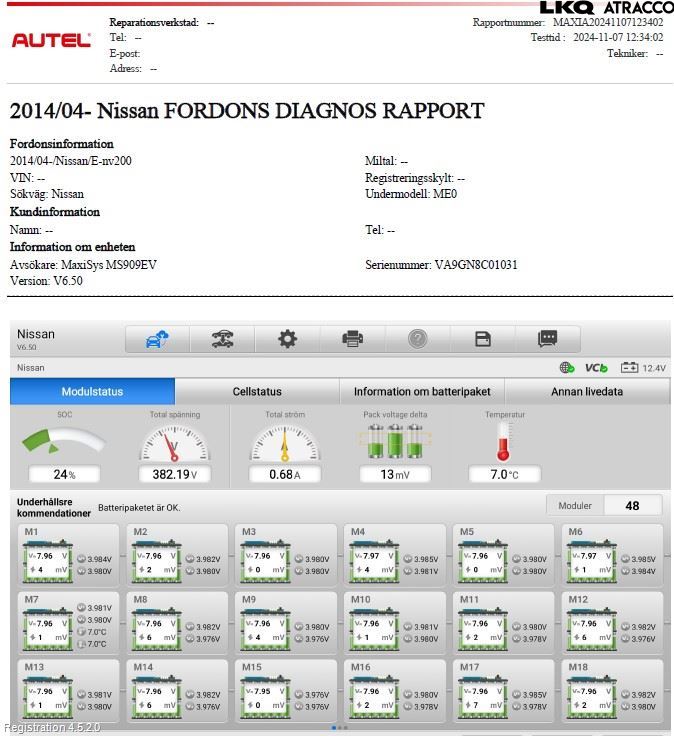 Nissan E-NV200/EVALIA Batteri Högspänning