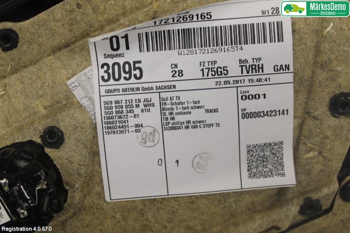 Volkswagen VW GOLF / E-GOLF VII 13-20 Dörrklädsel Hö