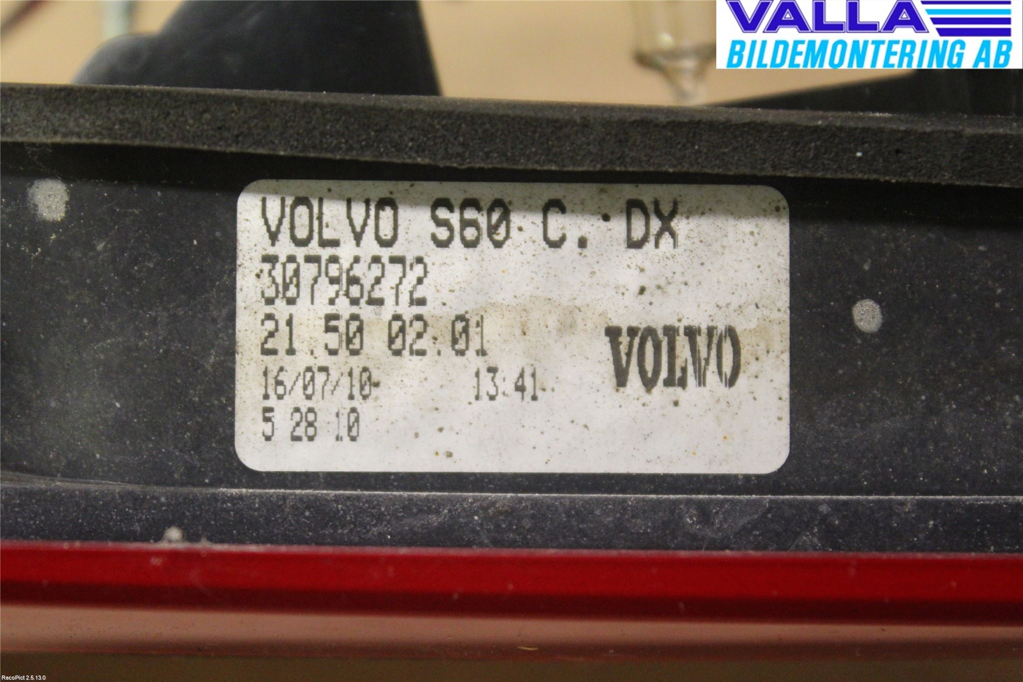 Volvo S60 11-13 Bakljus Lucka Hö