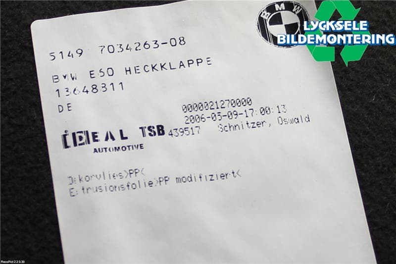 BMW 5 E60/61 Sed/Tou 02-10 Inredning Bakluckeklädsel