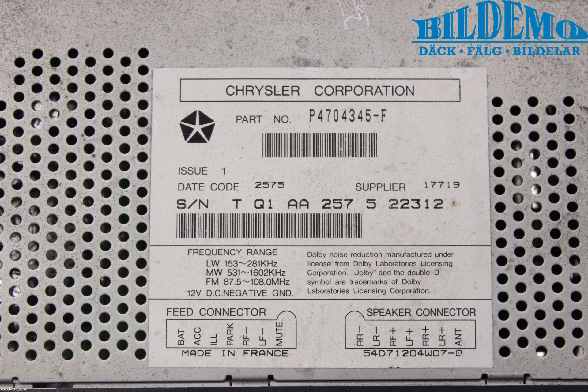 Chrysler CHR VOYAGER     96-01 Radio-Stereo Kassetbandsp