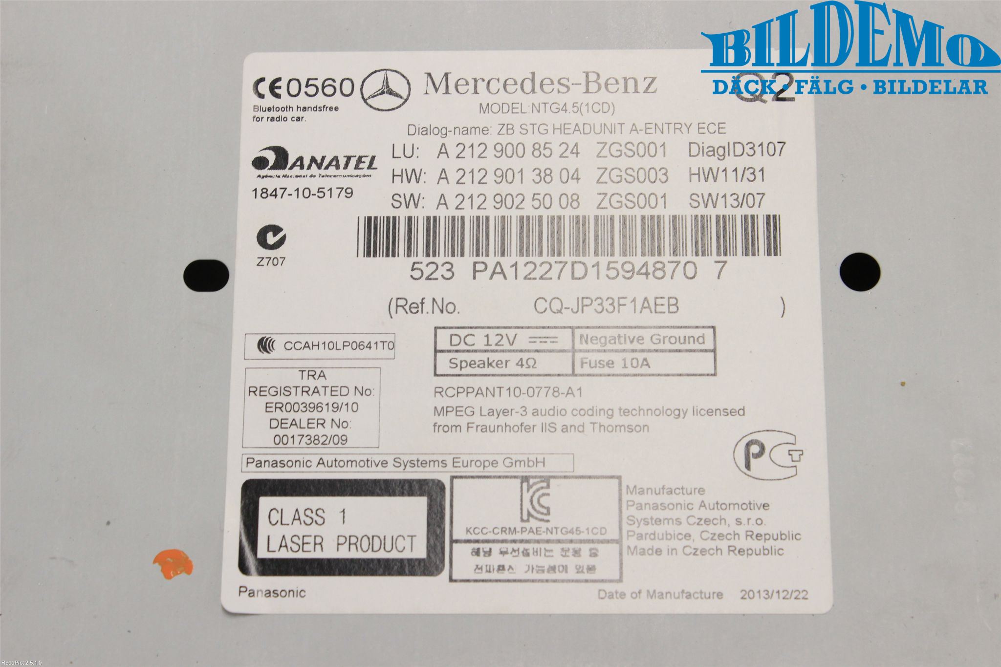 Mercedes-Benz MB E-KLASS (W212) 09-16 Cd Radio - Multimediapanel