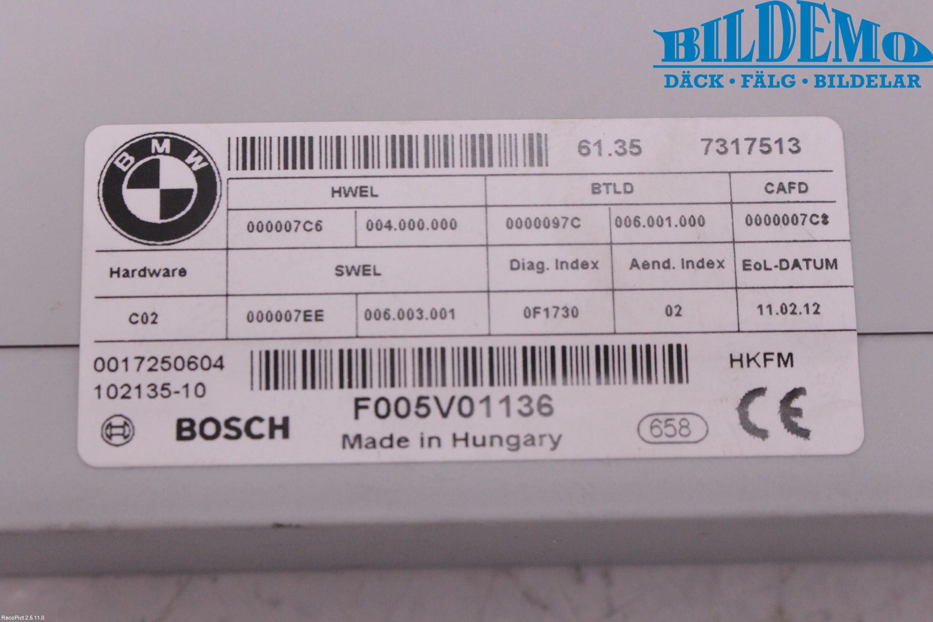 BMW 5 F10/F11/F18 09-17 Styrenhet Övrigt