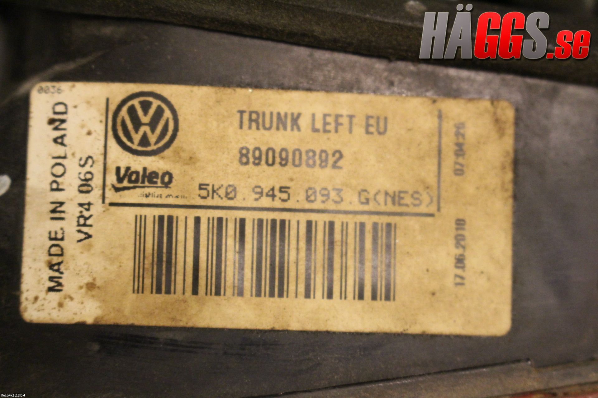 Volkswagen VW GOLF VI 09-13 Bakljus Lucka Vä